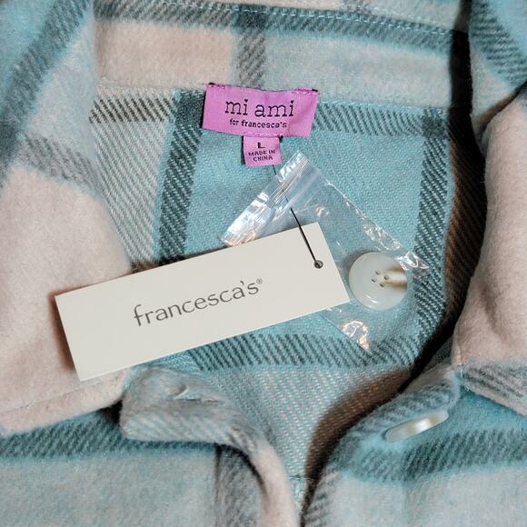 Mi ami Francesca Cropped Plaid Shacket Blue Cream Fall Winter Layering Jacket L - Picture 14 of 15
